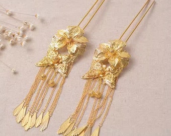 Red Gold Chinese Wedding Bridal Hair Accessories | Chinese Wedding Hairpin | Chinese Bridal Hairclip | Oriental Bridal Earrings