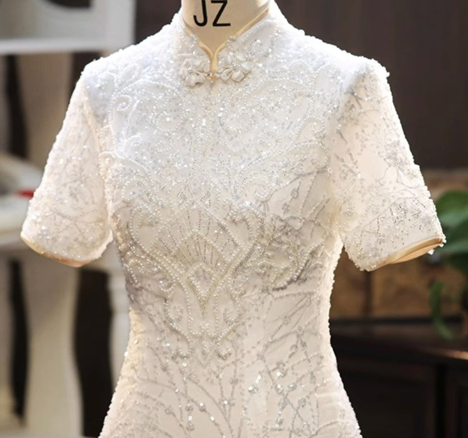 Gold Embroidered Beaded Qipao