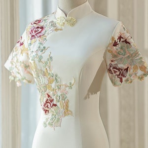 Short Sleeves Embroidered Qipao |  Champagne Qipao Cheongsam | Chinese Wedding | Chinese Tea Ceremony