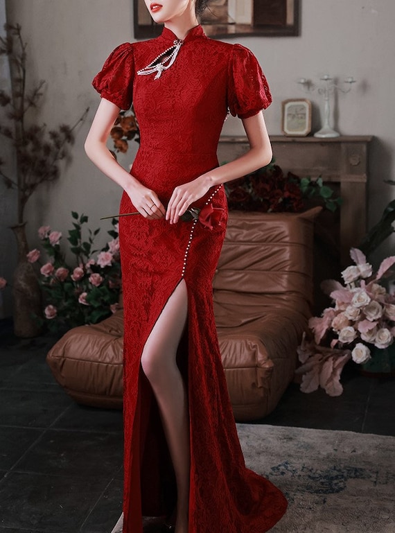 AllThingsQipao Modern Chinese Wedding Dress Red Cheongsam White Qipao Chinese Bridal Dress Tea Ceremony Chinese Bride Open Back Dress