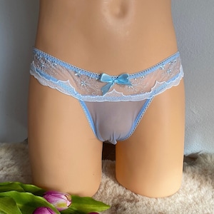 Transparent Femboy Lingerie. Crossdressing clothing, Transparent lace thong and blue lace bikini panties, Mesh underwear for men Plus Size