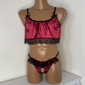 Sissy Dessous für Männer, Sissy Satin Top und offene Pfennige, Crop Top vom Luxus, Erwachsene Sissy Satin Top, Sissy Kleid, Babydoll Dessous