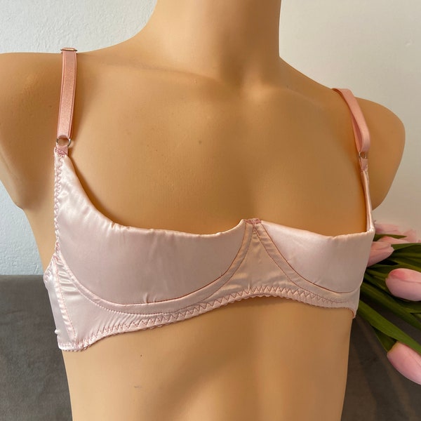 M2F crossdressing lingerie shelf bra open, Sissy satin balconette bra AA cup for men, Quarter cup bra male plus size sissy