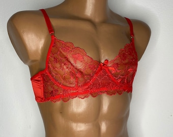 Mens Red  Lace Bra Top Lingerie for Men, Crossdressers, Sissy bra for men, Plus Size AA A cup Underwire Bra for men Transgender Big guys bra