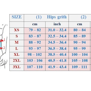 May include: Size chart for underwear with measurements in inches and centimeters. The chart shows the size, hip girth in inches and centimeters, and the corresponding size in XS, S, M, L, XL, 2XL, and 3XL.