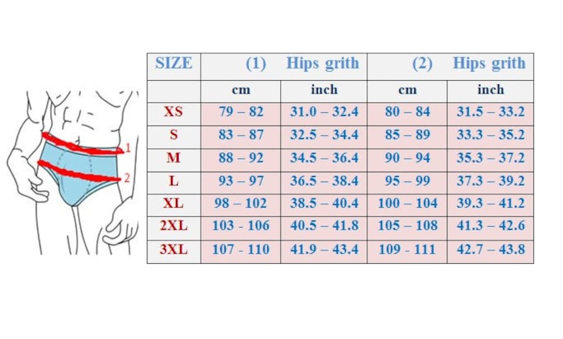 May include: Size chart for underwear with measurements in inches and centimeters. The chart shows the size, hip girth in inches and centimeters, and the corresponding size in XS, S, M, L, XL, 2XL, and 3XL.