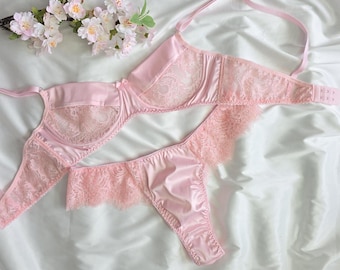 Satin Lace Lingerie Set for Men, Custom Made Sissy Bra and Thong