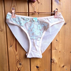 May include: A pair of light pink underwear with a delicate light blue floral lace panel. The underwear has a small light blue bow at the center and is hanging on a rose gold hanger.