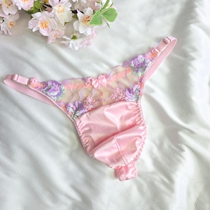 Mens Pink Satin Lace Thong: Sissy Femboy Lingerie, Plus Size