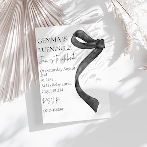 Birthday Digital Invite - A5 Birthday Invite - Black Ribbon - Bow - Party Invite