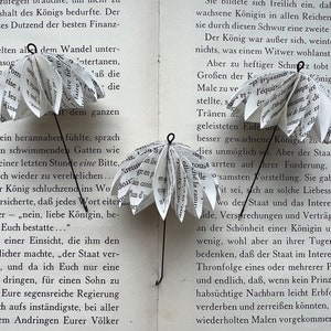 Set of three paper umbrellas 9 cm vintage made from old book pages with wire to hang up for Christmas or as decoration