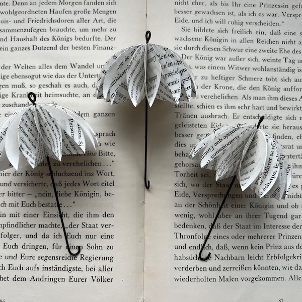 Set of three paper umbrellas 11 cm vintage made from old book pages with wire to hang up for Christmas or as decoration