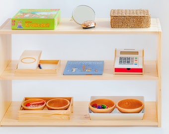 Étagère à jouets Montessori en bois naturel simple - trois étagères Bois massif naturel SEULEMENT | Côtés pleins