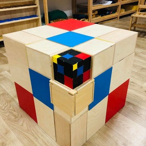 Op de afbeelding: Een houten kubus met een kleurrijk patroon op elke zijde. De kubus is gemaakt van kleinere kubussen, elk met een andere kleur. De kleuren zijn rood, blauw, geel en zwart. De kubus staat op een houten vloer.