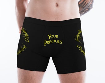 Your Precious on front One Booty Rule them All on back boxers | mens underwear black gold Fantasy geek fairy tale gift geekery storybook