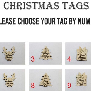 May include: Ten different wooden Christmas tags with various designs, including a snowflake, reindeer, Christmas tree, gift box, and Santa hat. Each tag features the text "Merry Christmas 2024" or "Happy New Year 2024".