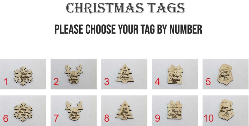 May include: Ten different wooden Christmas tags with various designs, including a snowflake, reindeer, Christmas tree, gift box, and Santa hat. Each tag features the text "Merry Christmas 2024" or "Happy New Year 2024".