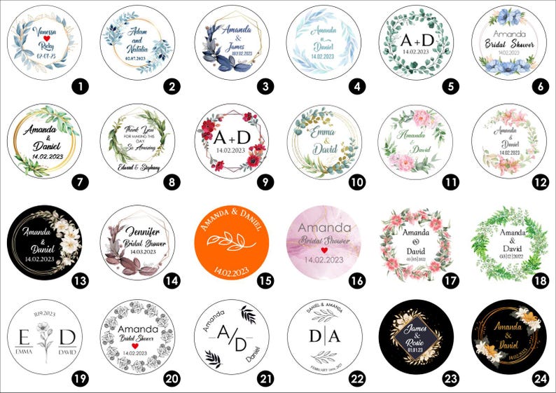 Puede incluir: Veinticuatro pegatinas redondas, blancas, negras y naranjas con dise&ntilde;os florales y geom&eacute;tricos. Las pegatinas incluyen texto como "Amanda & Daniel", "Bridal Shower", "A+D" y "Emma & David".