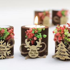 Christmas Personalized Gifts Candle Favor, Christmas Wooden Candle Holder, Happy Holiday Favors, Floral Candle Favors, Merry Christmas Tag
