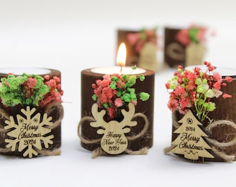 Christmas Personalized Gifts Candle Favor, Christmas Wooden Candle Holder, Happy Holiday Favors, Floral Candle Favors, Merry Christmas Tag
