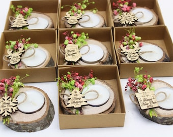 Christmas Personalized Gifts Candle Favor, Christmas Wooden Candle Holder, Happy Holiday Favors, Floral Candle Favors, Merry Christmas Tag