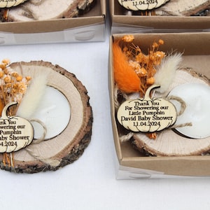 Gepersonaliseerde babyshowercadeautje met pompoenthema voor gasten | Babyshower met kleine pompoen | Kaarsen voor babyshowers | Idee voor babyshower
