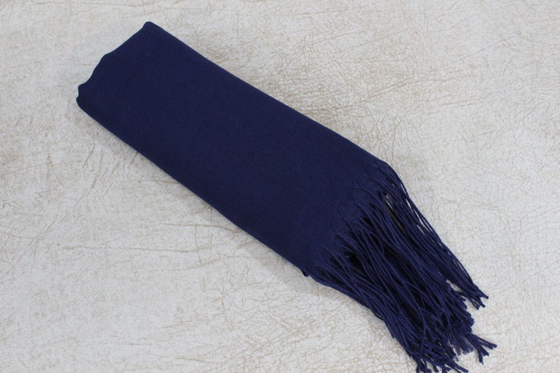 May include: A navy blue scarf with long fringe on one end.
