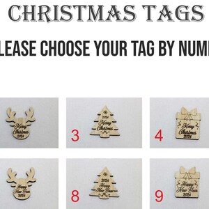 May include: Wooden Christmas tags with various festive shapes, including snowflakes, reindeer, Christmas trees, gift boxes, and Santa faces. Each tag is numbered and features the text "Merry Christmas 2024" or "Happy New Year 2024".