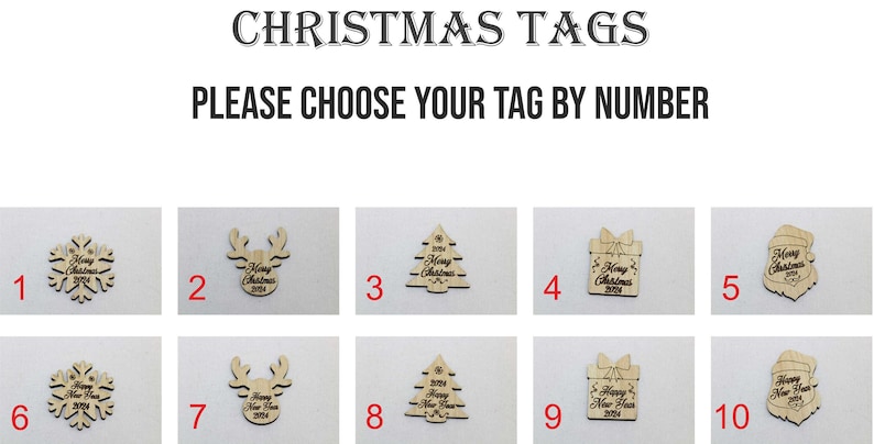 May include: Wooden Christmas tags with various festive shapes, including snowflakes, reindeer, Christmas trees, gift boxes, and Santa faces. Each tag is numbered and features the text "Merry Christmas 2024" or "Happy New Year 2024".