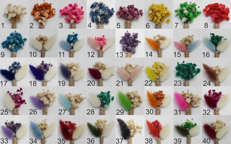 May include: A collection of dried flower bouquets in various colors, including orange, pink, blue, and yellow. Each bouquet is tied with twine and features different types of dried flowers and grasses. The image is a product display.