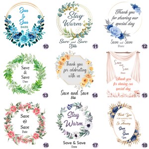 May include: Set of 8 printable wedding save the date cards with floral wreaths and text. The cards feature different designs with text such as "Save & Save Date", "Stay Warm", and "Thank you for sharing our special day".