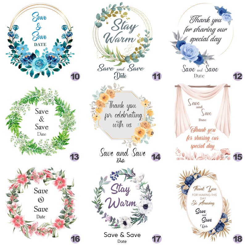 May include: Set of 8 printable wedding save the date cards with floral wreaths and text. The cards feature different designs with text such as "Save & Save Date", "Stay Warm", and "Thank you for sharing our special day".