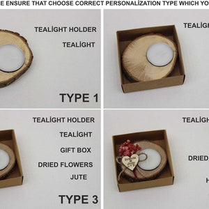 Op de afbeelding: Vier verschillende soorten houten theelichthouders. Het eerste type is een eenvoudige houten houder met een theelicht. Het tweede type is een houten houder in een geschenkdoos met een theelicht. Het derde type is een houten houder in een geschenkdoos met een theelicht, gedroogde bloemen en jute touw. Het vierde type is een houten houder in een geschenkdoos met een theelicht, gedroogde bloemen, jute touw en een hartvormig label.