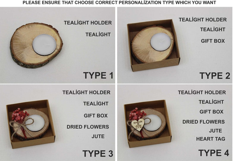 Op de afbeelding: Vier verschillende soorten houten theelichthouders. Het eerste type is een eenvoudige houten houder met een theelicht. Het tweede type is een houten houder in een geschenkdoos met een theelicht. Het derde type is een houten houder in een geschenkdoos met een theelicht, gedroogde bloemen en jute touw. Het vierde type is een houten houder in een geschenkdoos met een theelicht, gedroogde bloemen, jute touw en een hartvormig label.