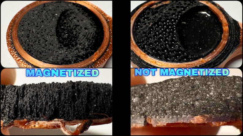 Op de afbeelding: De afbeelding toont twee sets close-upweergaven van een zwart, poreus materiaal, gemarkeerd met "MAGNETIZED" en "NOT MAGNETIZED". Het gemagnetiseerde monster lijkt dicht, terwijl het niet-gemagnetiseerde monster korreliger is. Het materiaal is geplaatst in een koperkleurig frame.