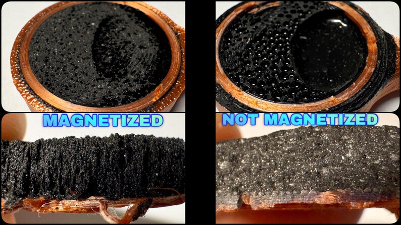 May include: A split image showing close-ups of a black, porous material, labelled "MAGNETIZED" and "NOT MAGNETIZED." The magnetized sample appears dense, while the non-magnetized sample is more granular. The material is set in a copper-coloured frame.