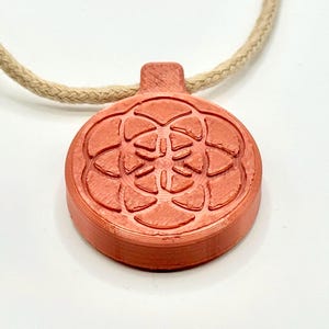 Op de afbeelding: Een koperkleurige hangerketting met een bloemmotief. De ronde hanger hangt aan een beige touw. De hanger heeft een verhoogd, gedetailleerd patroon en een kleine lus aan de bovenkant voor het touw.