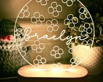 Personalized Floral LED Night Light | Engraved Nursery Decor