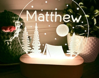 Personalized Camping LED Name Night Light: Engraved Nursery Decor