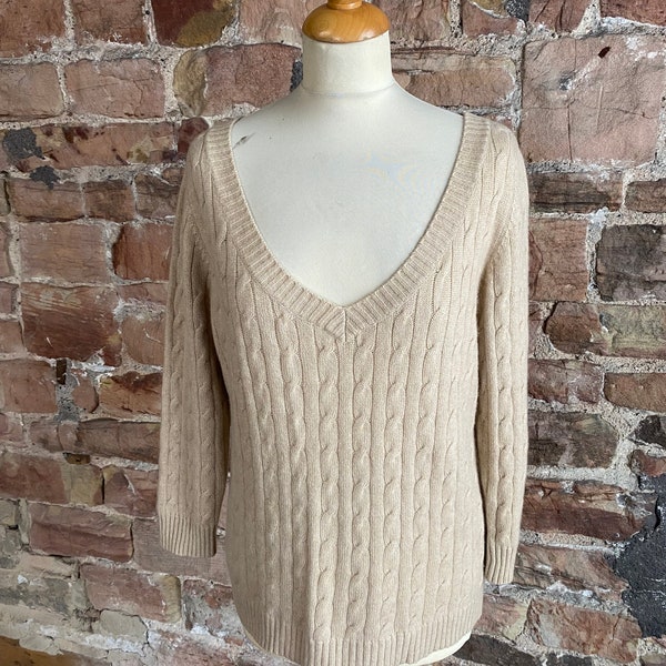 Benetton 100% Pure Cashmere V Neck Cable Knit Sweater. FREE UK POST