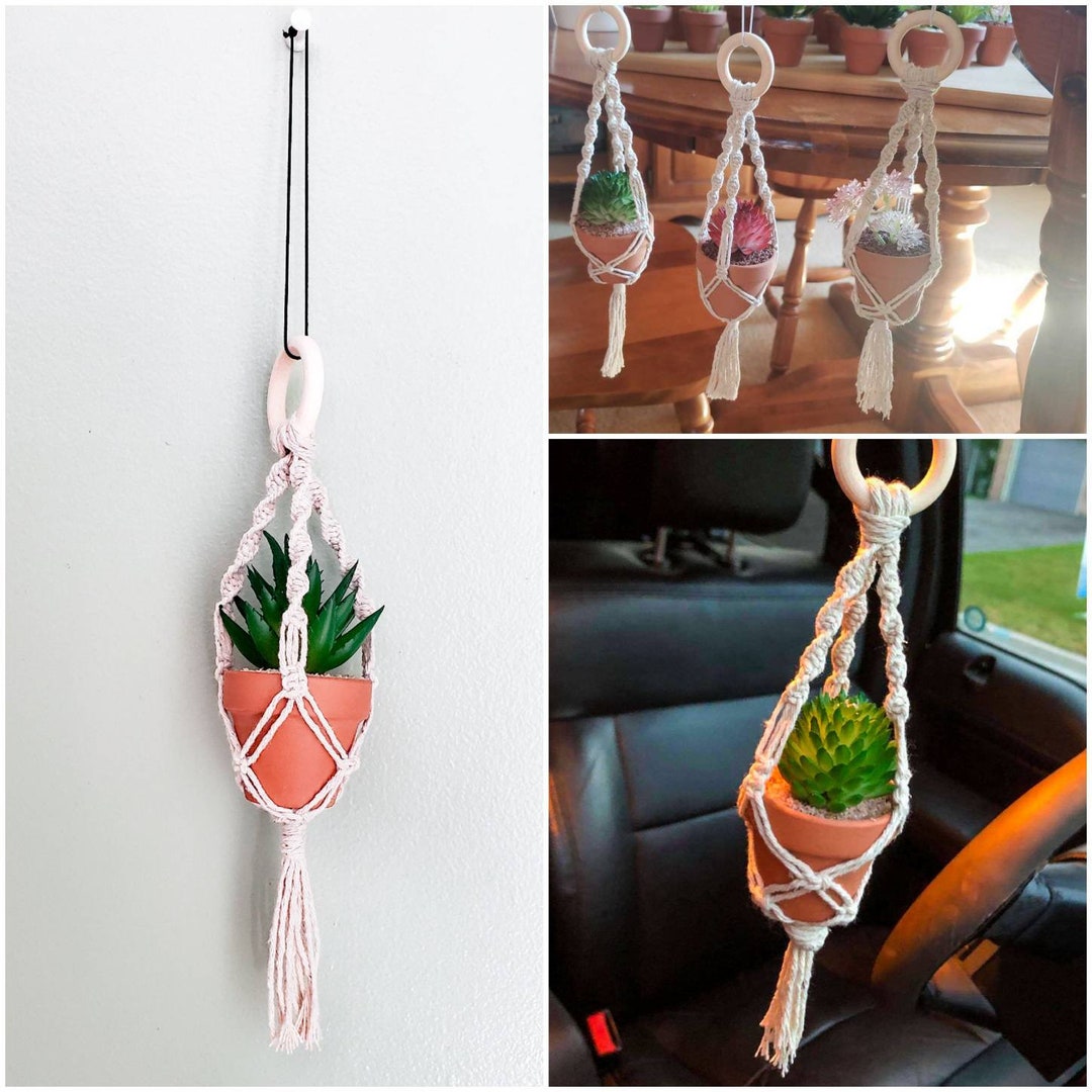 Macramé Rear View Mirror Mini Plant Hangers With Fake Succulent
