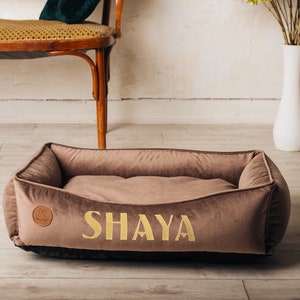 Cat Bed Furniture with name tag on it, Washable and removable cover, Calming custom modern pet/cat bed, Brown cozy cute dog bed xs- xxl