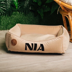 Cat Bed Furniture with name tag on it, Washable and removable cover, Calming custom modern pet/cat bed, Beige cozy cute dog bed xs- xxl