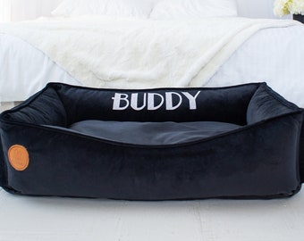 Personalized Dog Bed Back Embroidery, Washable and removable cover, Calming custom furniture dog/cat bed, Black Large cat/pet bed xs- xxl