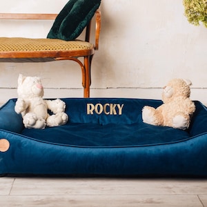 Cat Bed Furniture with name tag on it, Washable and removable cover, Calming custom modern pet/cat bed, Blue cozy cute dog bed xs- xxl
