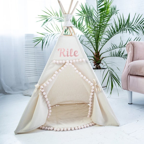 Personalized Dog Teepee, Pet Modern Cat Bed Tipi or Dog Bed Tipi  from Cotton with Pom Pom Decor wigwam, Small Medium Large Cat Teepee Tent
