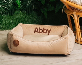 Small Dog Bed Personalized, Washable and removable cover, Calming custom gift for pet/cat bed, Beige Small cozy luxury custom bed xs- xxl