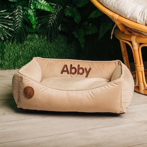 Cat Bed Furniture with name tag on it, Washable and removable cover, Calming custom modern pet/cat bed, Beige cozy cute dog bed xs- xxl