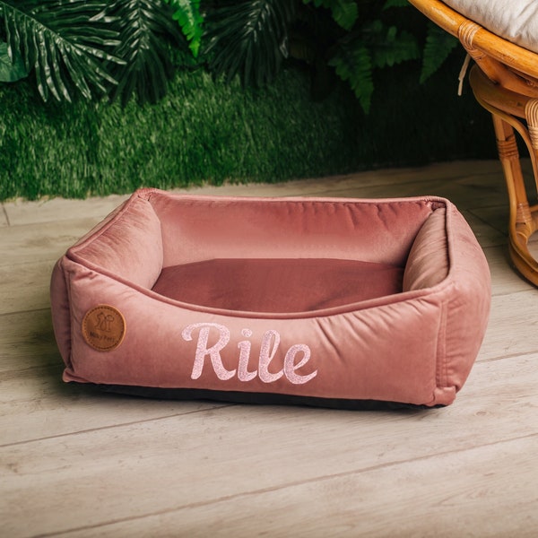 Dog bed, font embroidery, washable and removable cover, zipper design, small pink dog bed, calming custom dog furniture, puppy bed, xs-xxl