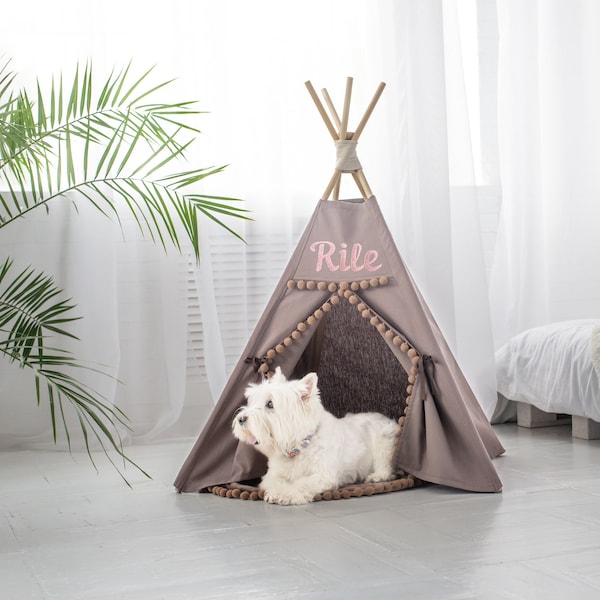 Bestseller Personalized Dog Teepee, Modern Dog Bed Tipi  from Cotton with Pom Pom Decor wigwam, Small Medium Large Cat cozy Teepee Tent